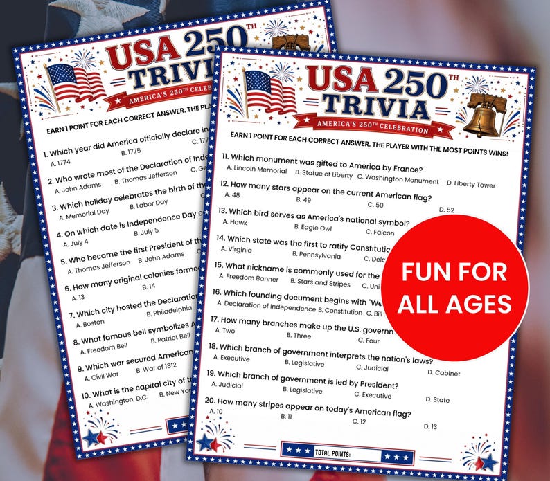 USA 250 Trivia Game Printable, 60 American History Questions, America ...