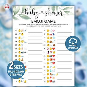 May include: A white baby shower emoji game card featuring green watercolor leaves at the top. The text reads baby shower EMOJI GAME, DECODE EACH EMOJI CLUE AND WRITE THE MATCHING BABY SHOWER PHRASE. THE PERSON WITH THE MOST CORRECT ANSWERS WINS! It includes 30 numbered lines.