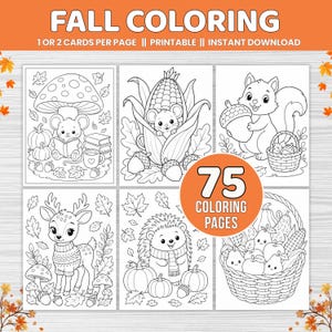 May include: A digital collection of 75 autumn colouring pages featuring black and white line art of woodland animals, pumpkins, corn, and autumn leaves. The text reads FALL COLORING, 1 OR 2 CARDS PER PAGE, PRINTABLE, INSTANT DOWNLOAD, 75 COLORING PAGES.