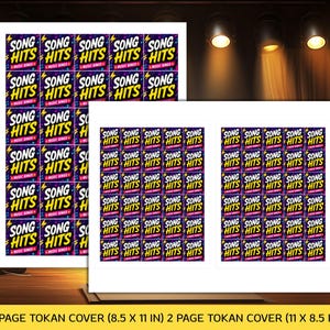 May include: Multiple sheets of Song Hits Music Bingo cards. Each card features the text "SONG HITS" in yellow and pink, with a lightning bolt graphic. The cards are arranged in a grid pattern, with the text "MUSIC BINGO" at the bottom.