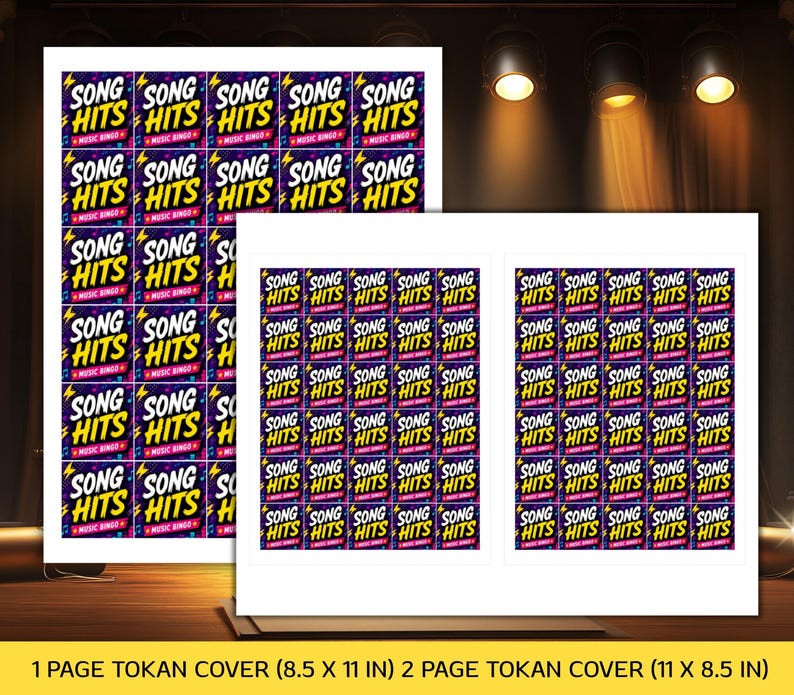 May include: Multiple sheets of Song Hits Music Bingo cards. Each card features the text "SONG HITS" in yellow and pink, with a lightning bolt graphic. The cards are arranged in a grid pattern, with the text "MUSIC BINGO" at the bottom.