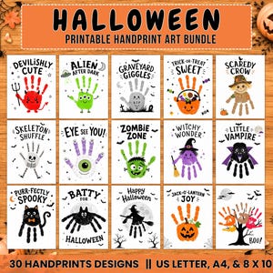 以下が含まれることがあります： ハロウィンの手形アート印刷用バンドル。白い背景に15種類のデザインが並んでいます。各カードには、悪魔、宇宙人、ゾンビ、魔女、吸血鬼、猫、クモ、カボチャなどのキャラクターに変身したカラフルな手形とテキストが描かれています。