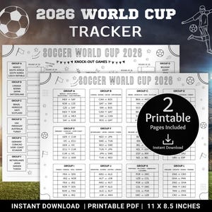 Può includere: Un documento PDF stampabile per il monitoraggio della Coppa del Mondo 2026 che misura 27,9 per 21,6 cm. I fogli bianchi presentano testo e grafiche in nero, inclusi calendari delle partite, tabelloni a eliminazione diretta e palloni.
