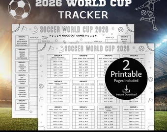 Calendario stampabile della Coppa del Mondo 2026, tabellone del torneo di calcio, tracker a eliminazione diretta di calcio in PDF, tabella murale del calendario delle partite, giochi per bambini