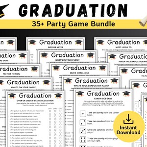 May include: A bundle of graduation party games with a black mortarboard and diploma illustration. The games include bingo, trivia, and challenges, with the text "Graduation" and "35+ Party Game Bundle". The games are available for instant download.