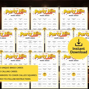 May include: A collection of 'Party Hits' music bingo cards with a retro design. The cards feature song titles from the 1970s to 2020s. A yellow circle with a download arrow and the words 'Instant Download' is also visible.