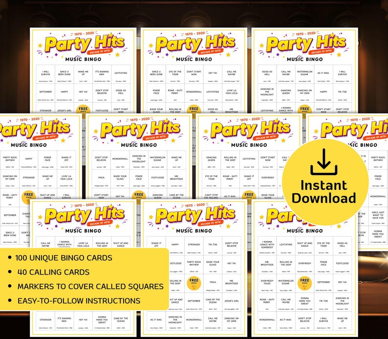 May include: A collection of 'Party Hits' music bingo cards with a retro design. The cards feature song titles from the 1970s to 2020s. A yellow circle with a download arrow and the words 'Instant Download' is also visible.