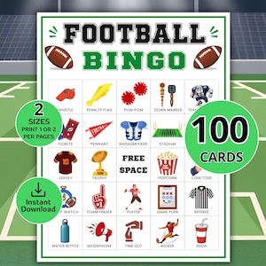 Football Bingo, 100 Printable Football Bingo Cards, Big Game Party Activity, Kids Classroom Game, Family Watch Party, Instant PDF Download