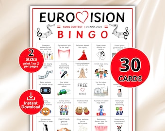 Eurovision Bingo Game 2026 Printable, Eurovision Watch Party Games, Song Contest Bingo Cards, 30 Unique Cards, Eurovision Party Ideas