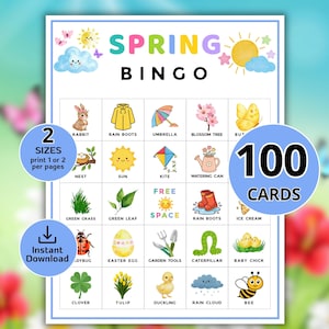 May include: A colorful Spring Bingo game card with illustrations of spring-themed items like a rabbit, rain boots, and flowers. The card includes the text "SPRING BINGO", "100 CARDS", and "Instant Download".