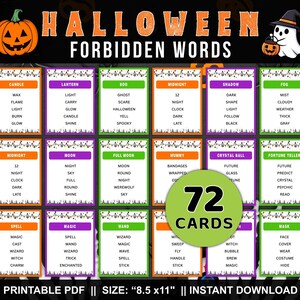 Könnte beinhalten: Ein Halloween Forbidden Words Spielset mit 72 Karten im druckbaren PDF-Format. Jede Karte zeigt ein Überschriftwort und fünf zugehörige Begriffe, umrahmt von dekorativen Rändern. Der Text enthält die Größenangabe von 8,5 x 11 Zoll.