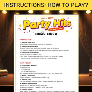 May include: A colorful Party Hits Music Bingo game instruction sheet. The text includes instructions on how to play the game, including preparing the cards and chips. The game's logo is in yellow, purple, and red.