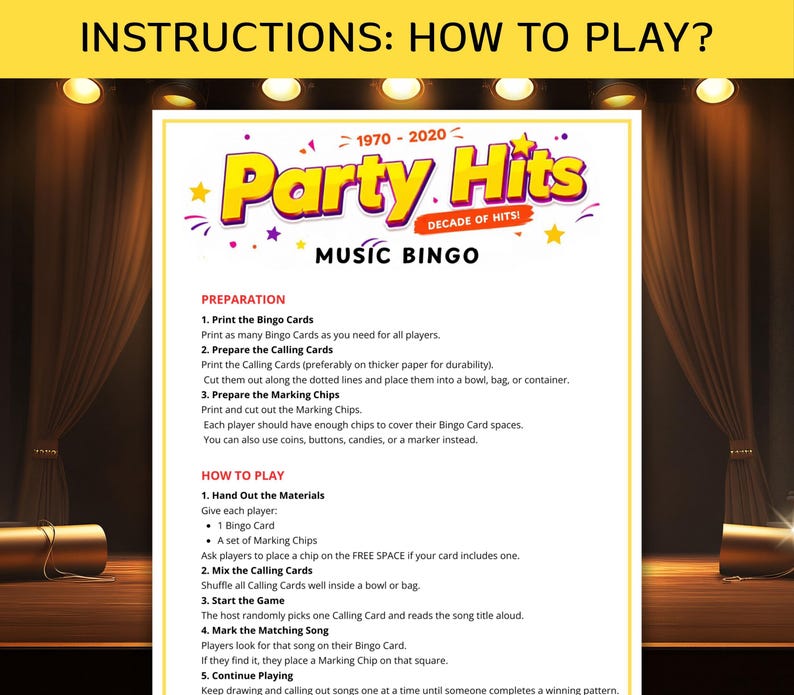 May include: A colorful Party Hits Music Bingo game instruction sheet. The text includes instructions on how to play the game, including preparing the cards and chips. The game's logo is in yellow, purple, and red.