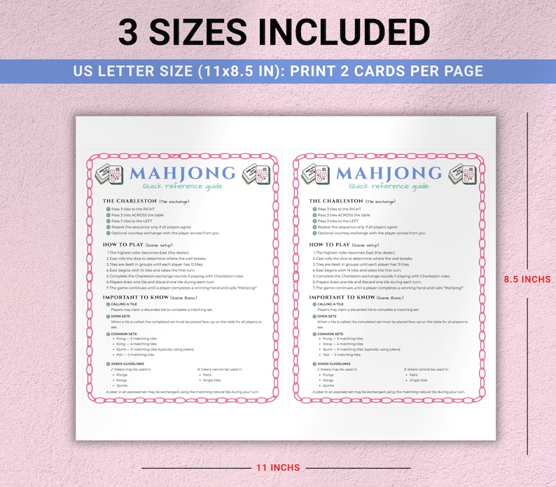 Printable Mahjong Cheat Sheet, Mahjong Rules Guide, Beginner Mahjong Reference Card, Mahjong Party Printable PDF