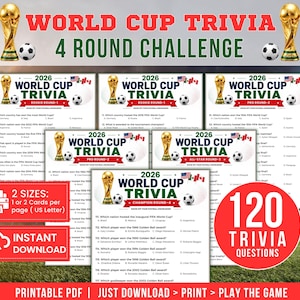 May include: A printable 2026 World Cup trivia game set featuring four rounds of questions, including Rookie, Pro, All-Star, and Champion levels. The design displays gold trophies, soccer balls, and flags, with text indicating 120 trivia questions.