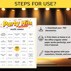 May include: A music bingo game sheet with the title "Party Hits" and song titles from 1970-2020. Instructions on the right side explain how to download and print the game. The game is designed for friends and coworkers.