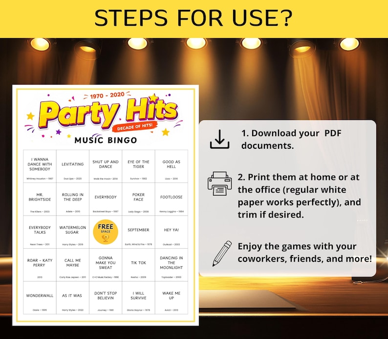 May include: A music bingo game sheet with the title "Party Hits" and song titles from 1970-2020. Instructions on the right side explain how to download and print the game. The game is designed for friends and coworkers.