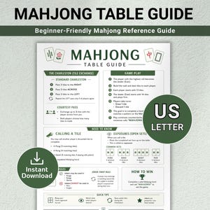 May include: A beginner-friendly Mahjong Table Guide with the text "MAHJONG TABLE GUIDE" at the top. The guide includes instructions on gameplay, tile exchange, and how to win. A green circle with "US LETTER" is on the right.
