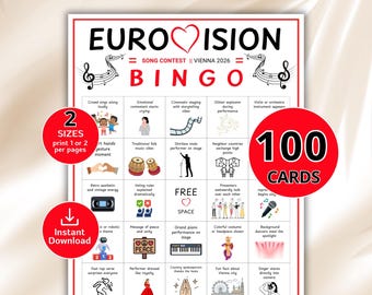 Eurovision Bingo Game 2026 Printable, Eurovision Watch Party Games, Song Contest Bingo Cards, 100 Unique Cards, Eurovision Party Ideas