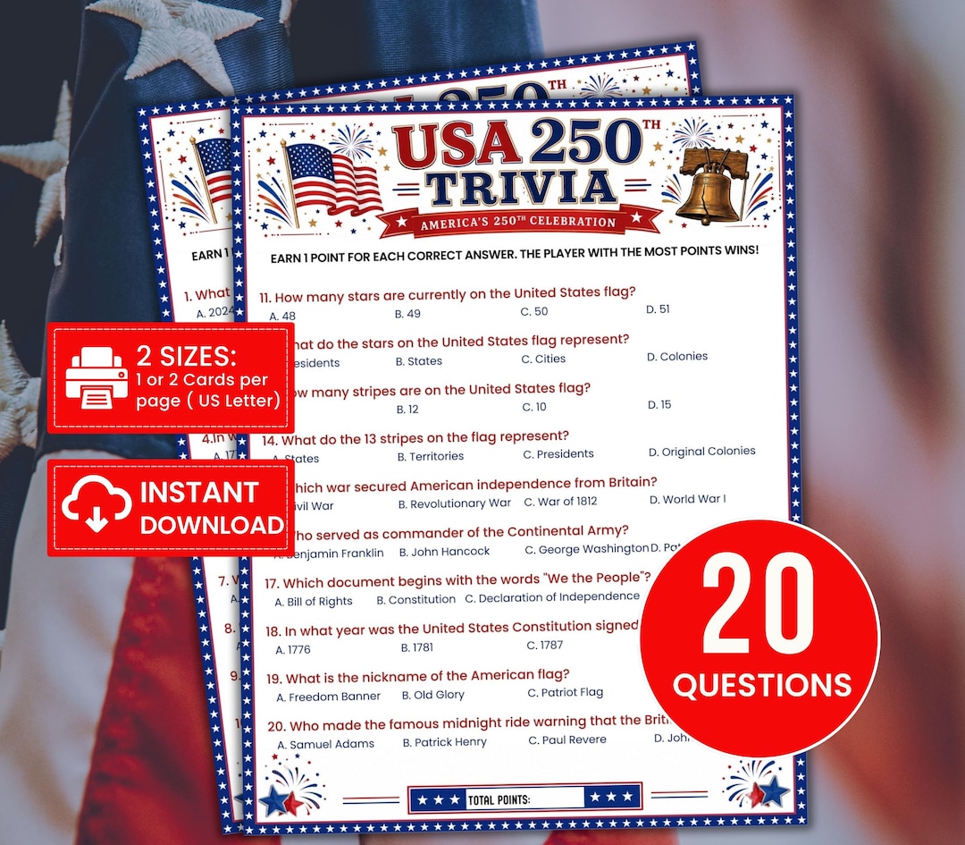 USA 250 Trivia Game Printable, America's 250th Birthday Quiz, 4th of ...