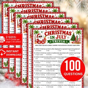 May include: A stack of Christmas in July trivia game cards featuring a red star border, a graphic of Santa Claus wearing sunglasses and a tropical shirt, palm trees, and a beach chair. The text reads Christmas in July Trivia and 100 Questions.