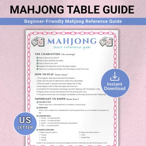 May include: A beginner-friendly Mahjong reference guide with the title "Mahjong Table Guide." The guide includes instructions on gameplay, the Charleston tile exchange, and important game basics. The document is on a pink background with a US Letter size label.