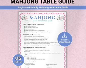 May include: A beginner-friendly Mahjong reference guide with the title "Mahjong Table Guide." The guide includes instructions on gameplay, the Charleston tile exchange, and important game basics. The document is on a pink background with a US Letter size label.