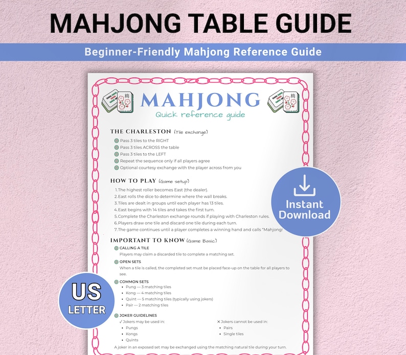 Printable Mahjong Cheat Sheet, Mahjong Rules Guide, Beginner Mahjong Reference Card, Mahjong Party Printable PDF