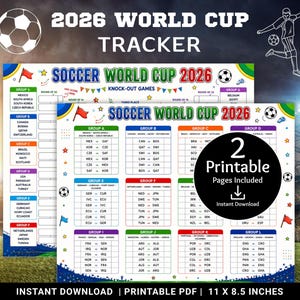 Könnte beinhalten: Ein 2026 World Cup Fußball-Tracker als druckbares PDF im Format 27,9 x 21,6 cm. Das Dokument enthält farbige Gruppentabellen, Spielpläne und K.o.-Runden-Raster mit Fußball-Symbolen, Flaggen und dem Text 2 Printable Pages Included.
