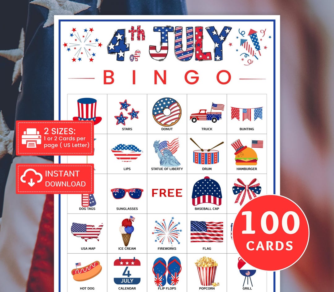 4th of July Bingo Game Printable, 100 Unique Patriotic Bingo Cards ...