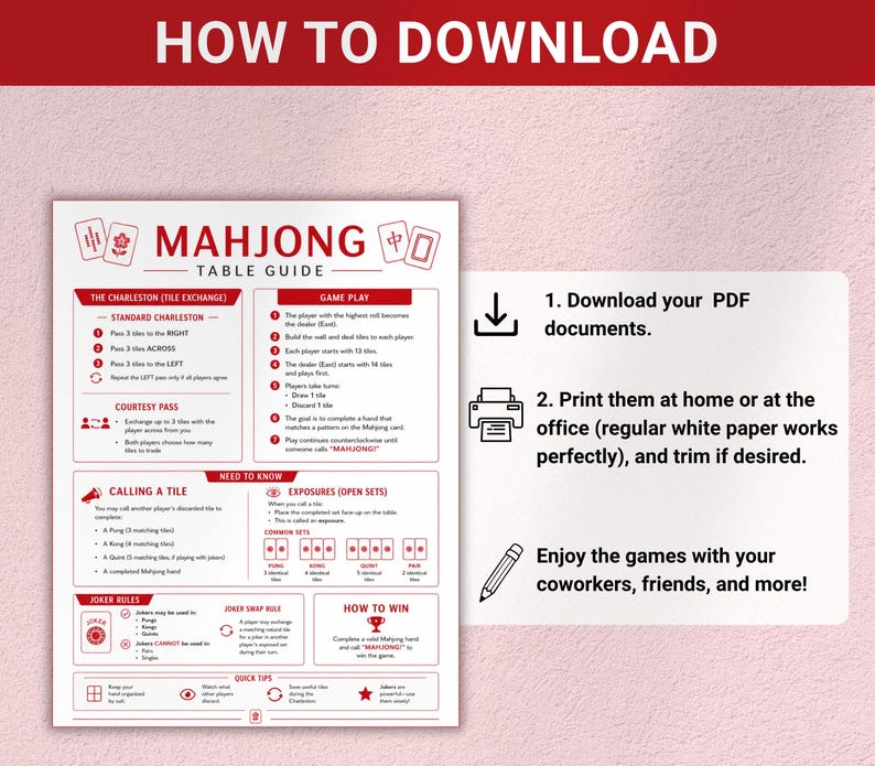 Rules For Mahjong Mahjong Cheat Sheet Printable, Mahjong Rules Guide PDF, Beginner ...