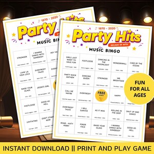 May include: Two "Party Hits Music Bingo" game sheets with song titles from 1970-2020. The sheets have a yellow and white design with the text "Fun for All Ages". The game is an instant download, print, and play game.