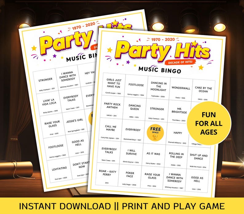 May include: Two "Party Hits Music Bingo" game sheets with song titles from 1970-2020. The sheets have a yellow and white design with the text "Fun for All Ages". The game is an instant download, print, and play game.