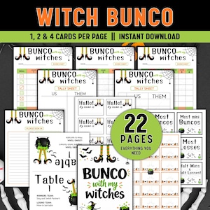 May include: A collection of printable Bunco game sheets featuring witch-themed graphics, including score sheets, tally sheets, name tags, and table signs. The designs incorporate black witch boots, cauldrons, spider webs, and bats on white paper.