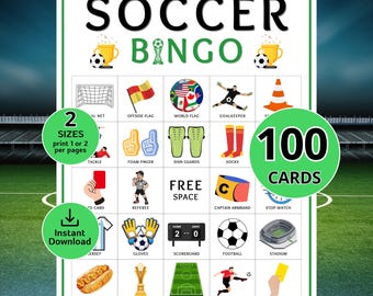 Fußball Bingo, 100 Fußball Bingo Karten, Fußballspiel, Fußball Aktivität, Kinder druckbares Bingo Spiel, Fußball Partyspiel, Kinder Fußballspiel