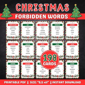 Könnte beinhalten: Ein Weihnachts-Verbotene-Wörter-Spielset mit 198 Karten im druckbaren PDF-Format. Jede Karte zeigt eine Überschrift, eine Liste verwandter Wörter und eine Winterdorf-Grafik. Der Text enthält den Titel und die Größe 8,5 x 11 Zoll.