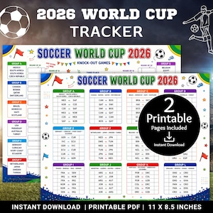 Może przedstawiać: Zestaw do śledzenia Mistrzostw Świata 2026 w formacie PDF do druku o wymiarach 27,94 na 21,59 cm. Dokument zawiera kolorowe siatki dla grup od A do L, harmonogramy meczów i drabinki fazy pucharowej. Czarny okrąg zawiera napis 2 Printable Pages Included.