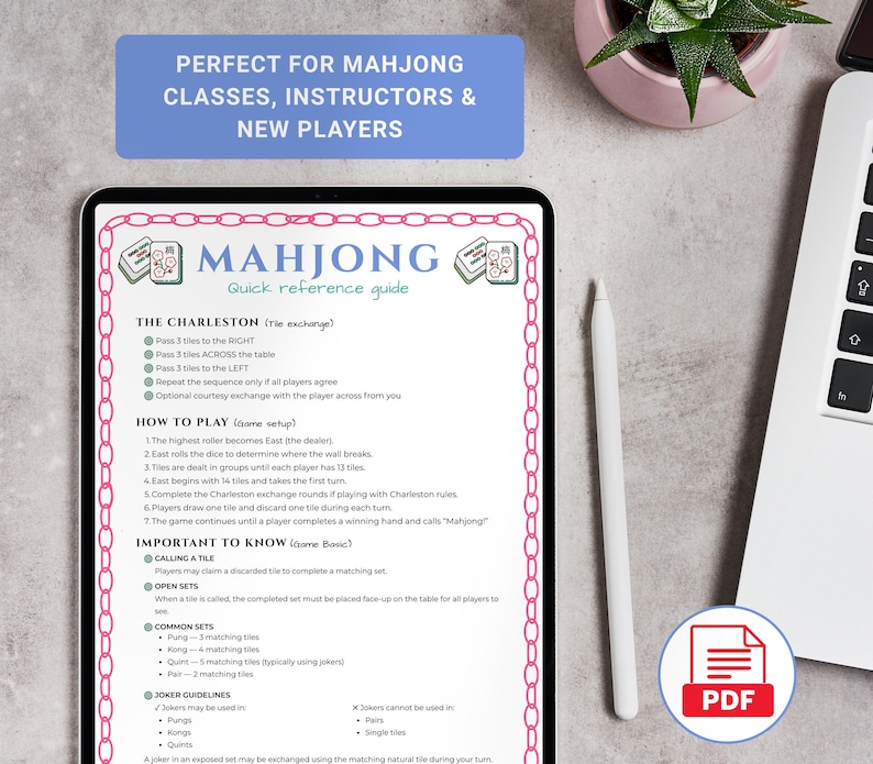Printable Mahjong Cheat Sheet, Mahjong Rules Guide, Beginner Mahjong Reference Card, Mahjong Party Printable PDF