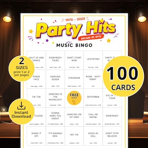 May include: A printable music bingo game with a yellow and purple "Party Hits" logo. The bingo card includes song titles from 1970-2020. The image also includes a "100 Cards" graphic and an "Instant Download" icon.