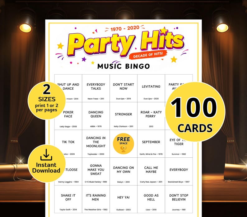 May include: A printable music bingo game with a yellow and purple "Party Hits" logo. The bingo card includes song titles from 1970-2020. The image also includes a "100 Cards" graphic and an "Instant Download" icon.