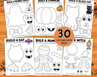 Puede incluir: Seis hojas de actividades imprimibles para una manualidad de Halloween de recortar y pegar. Cada página muestra contornos de personajes como un fantasma, calabaza, gato, murciélago, momia y bruja para colorear, recortar y ensamblar. El texto incluye títulos como Build a Friendly Ghost y 30 Cut and Paste Craft. El tamaño es de 21,59 x 27,94 cm.