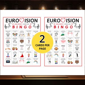 May include: Two Eurovision Bingo cards with a red border, featuring the text "EUROVISION SONG CONTEST VIENNA 2026 BINGO." Each card has a grid of illustrated bingo squares. A yellow circle states "2 CARDS PER PAGE."