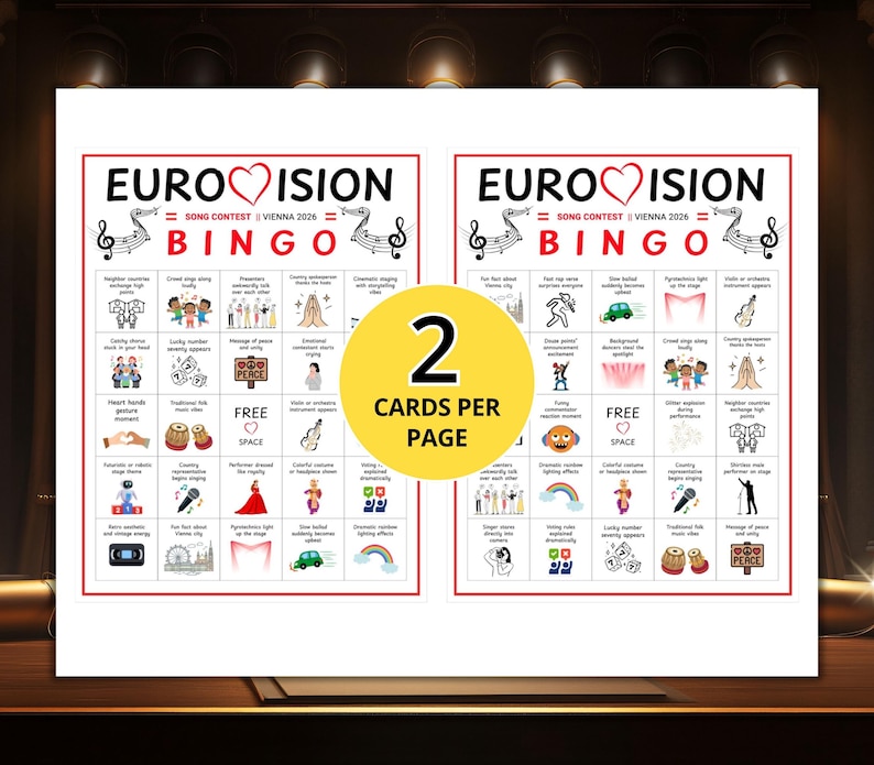 May include: Two Eurovision Bingo cards with a red border, featuring the text "EUROVISION SONG CONTEST VIENNA 2026 BINGO." Each card has a grid of illustrated bingo squares. A yellow circle states "2 CARDS PER PAGE."