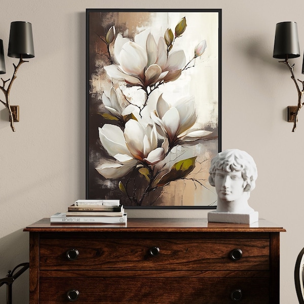 Vintage magnolia blossom oil painting, abstract art print, canvas print, vintage wall decor, abstract wall art, vintage art print