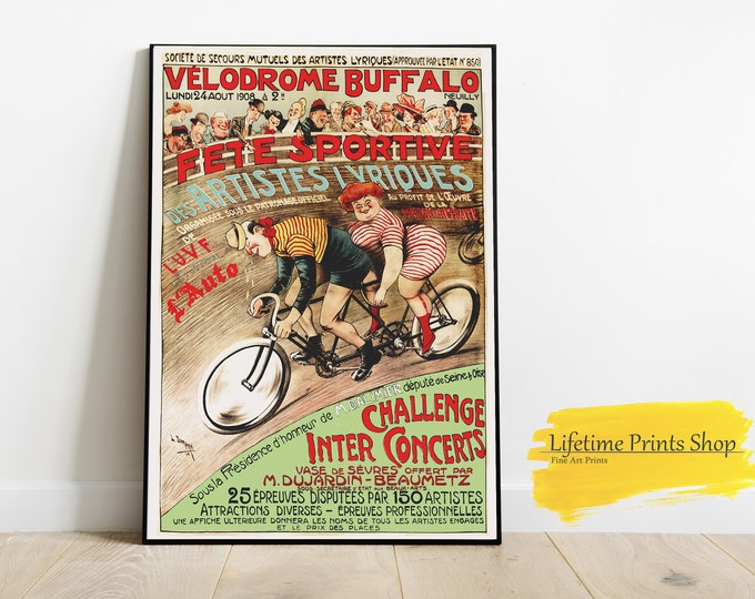 Velodrome Buffalo Cyclist Vintage French Wall Art, Home Decor, Funny Art Print Poster, Gifts for Cyclists, Cycling Poster, Cycling Art