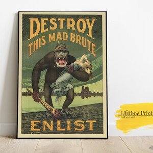 WWI Propaganda Poster Destroy The Mad Brute, Vintage Poster, Wall Art Posters, US Army Poster, Harry R. Hopps - 1918, Mid-century Modern,