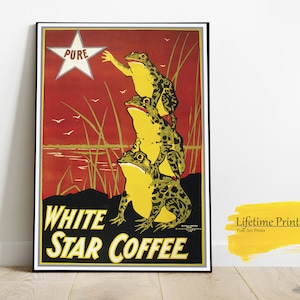 White Star Coffee Advertising Poster, Frogs Whimsical, Kitchen Wall Hanging, Wall Art Posters, Home Decor, Art Print Poster, Art Gift Print