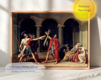 May include: Framed print of a classical painting depicting a dramatic scene with figures in Roman attire. The artwork features a man holding swords, surrounded by other figures. The print is labeled "Famous Paintings" and "Lifetime Prints Shop".