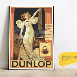 Neumáticos Dunlop Neumático de bicicleta Cartel publicitario francés, carteles de arte de pared, decoración del hogar, cartel de impresión de arte, impresión de regalo de arte, cartel vintage, ciclista