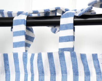 Boho Striped Cotton Linen Curtains Set of 2  Panels  Farmhouse Window Custom Drapes (Rod Pocket / Tie Top / Tab Top